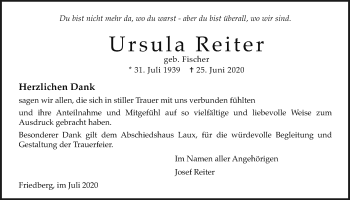 Traueranzeige von Ursula Reiter von Wetterauer Zeitung