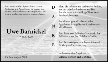 Traueranzeige von Uwe Barnickel von Giessener Allgemeine, Alsfelder Allgemeine