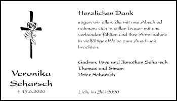 Traueranzeige von Veronika Seharsch von Licher Wochenblatt