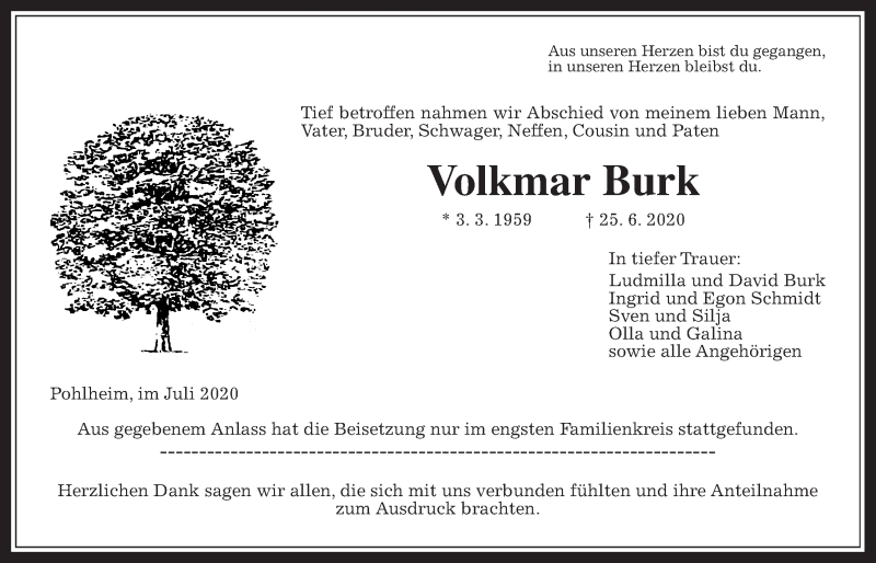  Traueranzeige für Volkmar Burk vom 09.07.2020 aus Pohlheimer Nachrichten