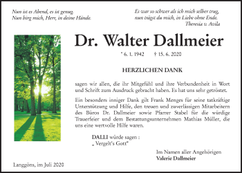 Traueranzeige von Walter Dallmeier von Giessener Allgemeine, Alsfelder Allgemeine