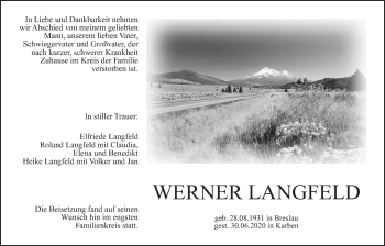 Traueranzeige von Werner Langfeld von Wetterauer Zeitung