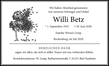 Traueranzeige von Willi Betz von Giessener Allgemeine, Alsfelder Allgemeine
