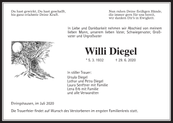 Traueranzeige von Willi Diegel von Alsfelder Allgemeine