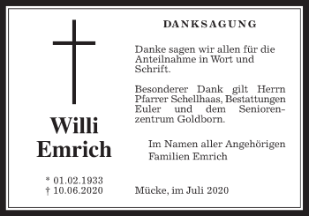 Traueranzeige von Willi Emrich von Giessener Allgemeine, Alsfelder Allgemeine
