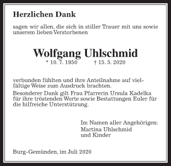 Traueranzeige von Wolfgang Uhlschmid von Alsfelder Allgemeine