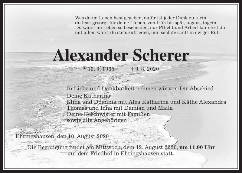  Traueranzeige für Alexander Scherer vom 10.08.2020 aus Giessener Allgemeine, Alsfelder Allgemeine