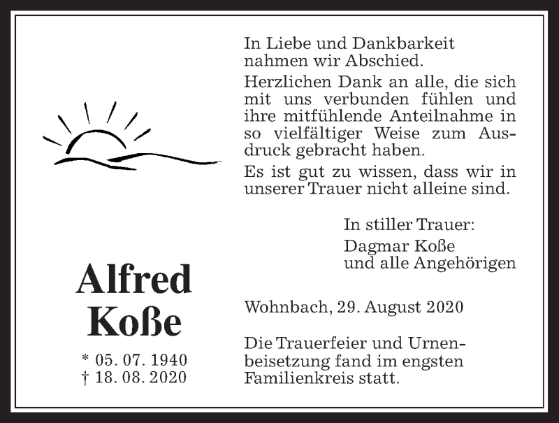  Traueranzeige für Alfred Koße vom 29.08.2020 aus Wetterauer Zeitung