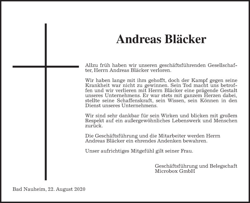  Traueranzeige für Andreas Bläcker vom 24.08.2020 aus Wetterauer Zeitung