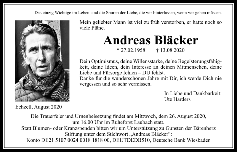  Traueranzeige für Andreas Bläcker vom 22.08.2020 aus Wetterauer Zeitung