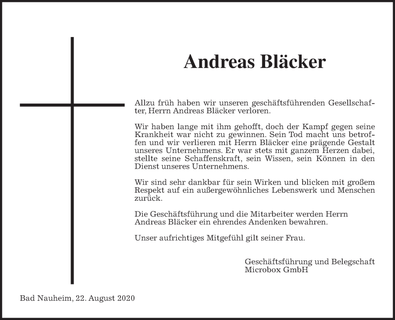  Traueranzeige für Andreas Bläcker vom 29.08.2020 aus Wetterauer Zeitung