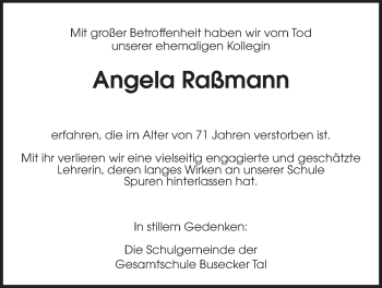Traueranzeige von Angela Raßmann von Giessener Allgemeine, Alsfelder Allgemeine