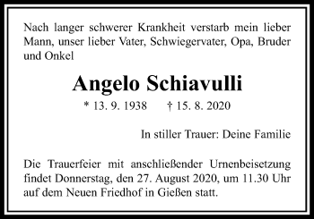 Traueranzeige von Angelo Schiavulli von Giessener Allgemeine, Alsfelder Allgemeine