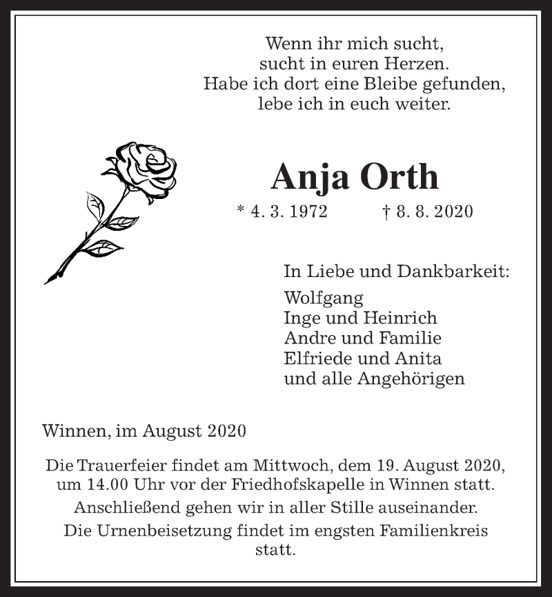  Traueranzeige für Anja Orth vom 15.08.2020 aus Giessener Allgemeine, Alsfelder Allgemeine