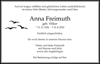 Traueranzeige von Anna Freimuth von Bad Vilbel/Karben