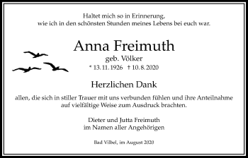 Traueranzeige von Anna Freimuth von Bad Vilbel/Karben