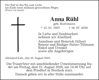 Traueranzeige von Anna Rühl von Allendorfer Mitteilungen