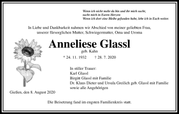 Traueranzeige von Anneliese Glassl von Giessener Allgemeine, Alsfelder Allgemeine