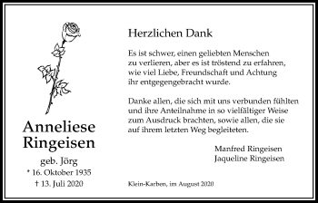 Traueranzeige von Anneliese Ringeisen von Bad Vilbel/Karben