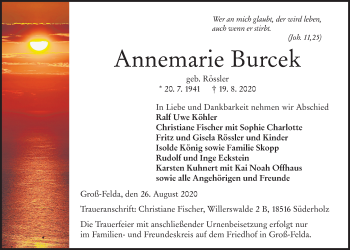 Traueranzeige von Annemarie Burcek von Alsfelder Allgemeine