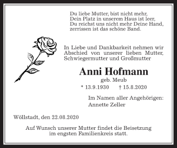 Traueranzeige von Anni Hofmann von Wetterauer Zeitung