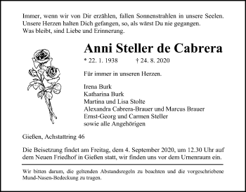 Traueranzeige von Anni Steller de Cabrera von Giessener Allgemeine, Alsfelder Allgemeine