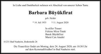 Traueranzeige von Barbara Büyükfirat von Wetterauer Zeitung