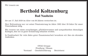 Traueranzeige von Berthold Koltzenburg von Wetterauer Zeitung