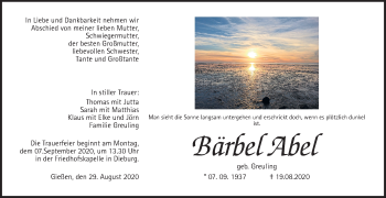 Traueranzeige von Bärbel Abel von Giessener Allgemeine, Alsfelder Allgemeine