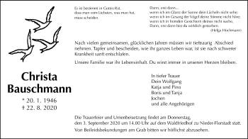 Traueranzeige von Christa Bauschmann von Wetterauer Zeitung