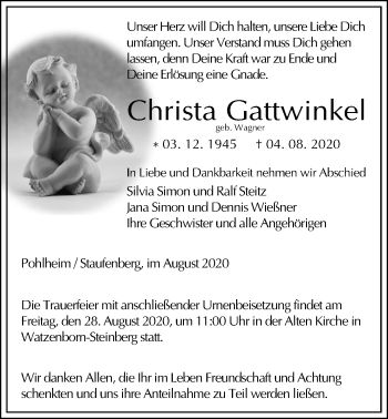Traueranzeige von Christa Gattwinkel von Giessener Allgemeine, Alsfelder Allgemeine