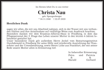 Traueranzeige von Christa Nau von Wetterauer Zeitung