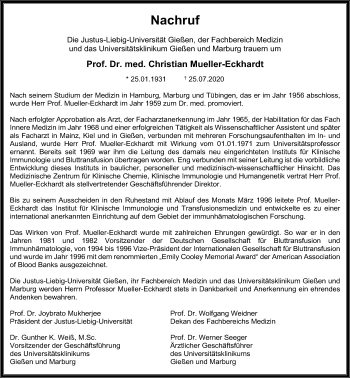 Traueranzeige von Christian Mueller-Eckhardt von Giessener Allgemeine, Alsfelder Allgemeine
