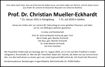 Traueranzeige von Christian Mueller-Eckhardt von Giessener Allgemeine, Alsfelder Allgemeine