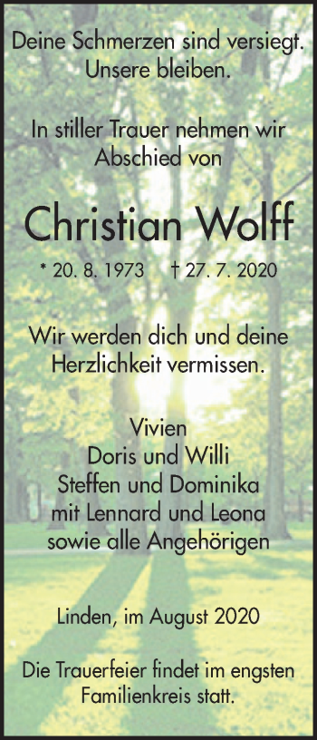 Traueranzeige von Christian Wolff von Giessener Allgemeine, Alsfelder Allgemeine