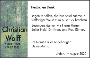 Traueranzeige von Christian Wolff von Giessener Allgemeine, Alsfelder Allgemeine