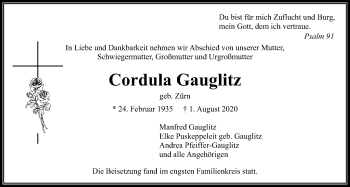 Traueranzeige von Cordula Gauglitz von Wetterauer Zeitung