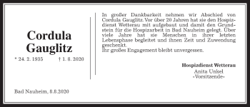 Traueranzeige von Cordula Gauglitz von Wetterauer Zeitung