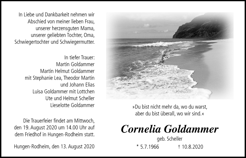  Traueranzeige für Cornelia Goldammer vom 13.08.2020 aus Licher Wochenblatt