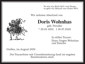 Traueranzeige von Doris Wohnhas von Giessener Allgemeine, Alsfelder Allgemeine