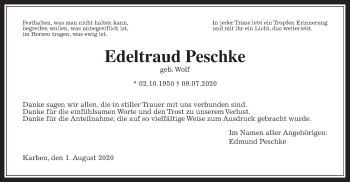 Traueranzeige von Edeltraud Peschke von Wetterauer Zeitung