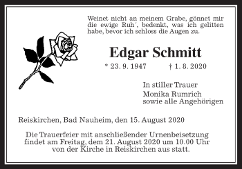 Traueranzeige von Edgar Schmitt von Giessener Allgemeine, Alsfelder Allgemeine