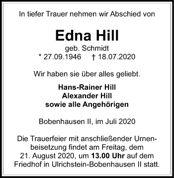 Traueranzeige von Edna Hill von Alsfelder Allgemeine