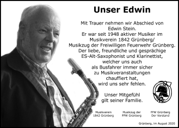 Traueranzeige von Edwin Stein von Heimatzeitung Grünberg + Laubach