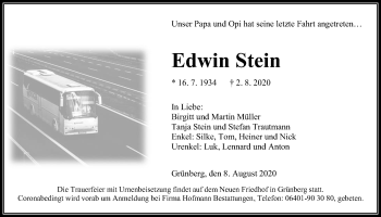 Traueranzeige von Edwin Stein von Giessener Allgemeine, Alsfelder Allgemeine