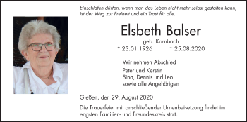 Traueranzeige von Elsbeth Balser von Giessener Allgemeine, Alsfelder Allgemeine
