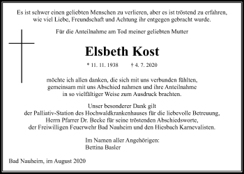 Traueranzeige von Elsbeth Kost von Wetterauer Zeitung