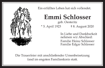 Traueranzeige von Emmi Schlosser von Wetterauer Zeitung