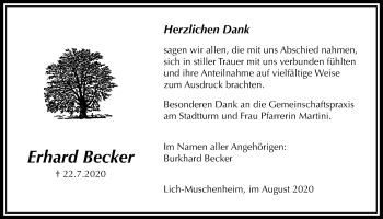 Traueranzeige von Erhard Becker von Licher Wochenblatt