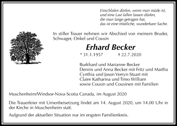 Traueranzeige von Erhard Becker von Licher Wochenblatt